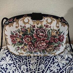 Floral Tapestry Hard Case Cocktail Purse w/ Black Satin  Lining & Shoulder Strap